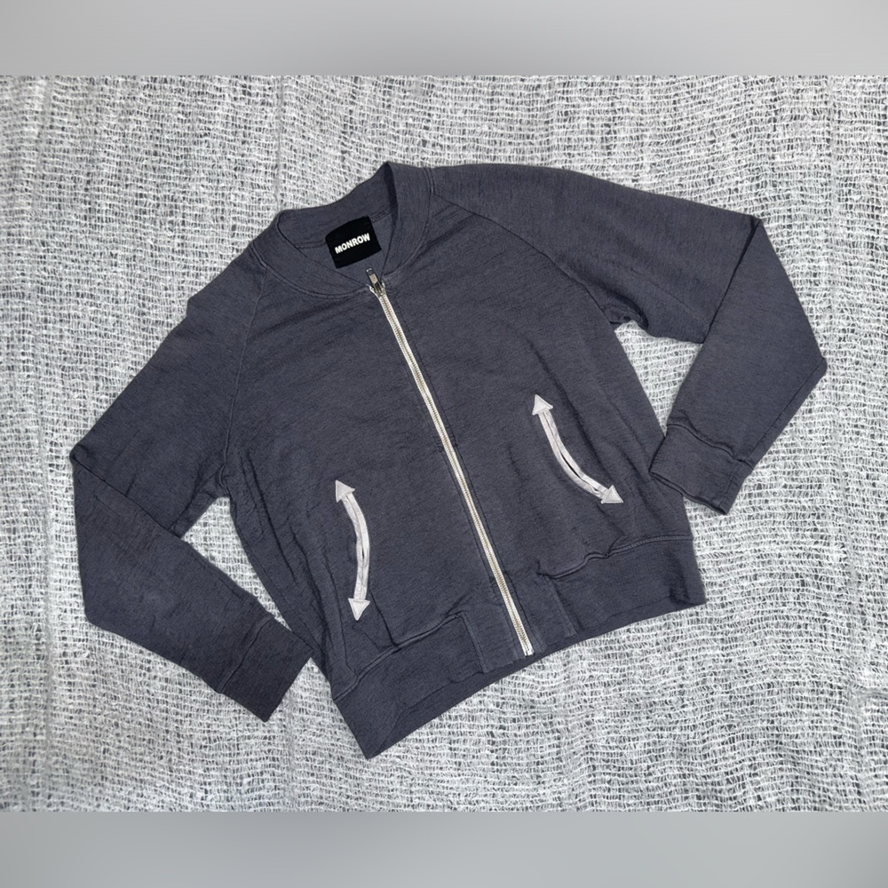 MONROW Cropped Bomber Sweatshirt Blue-Gray‎ Lightweight Jersey Size XSmall (EUC)